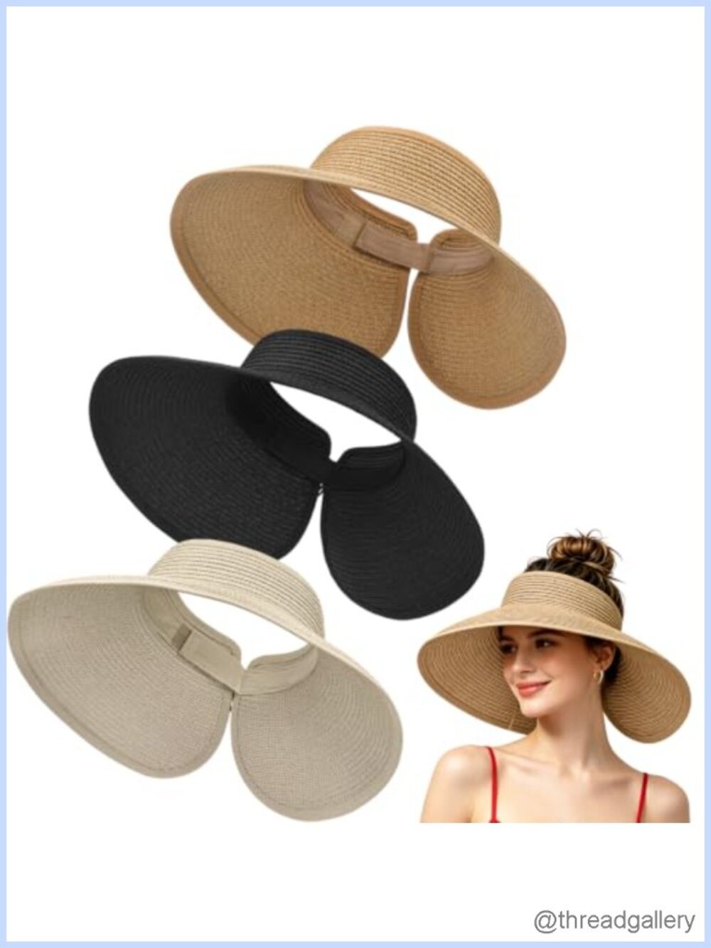 Women's Straw Sun Visor Hat Wide Brim UV Protection Foldable Adjustable